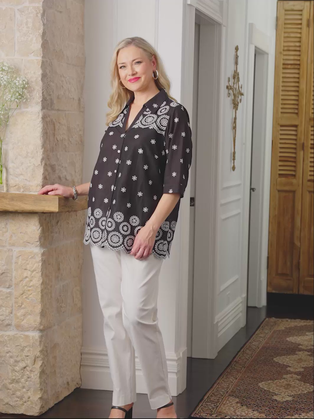 Broderie Border Cotton Shirt - Black/White