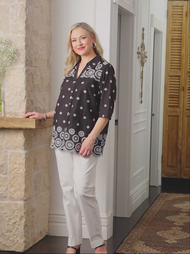 Broderie Border Cotton Shirt - Black/White