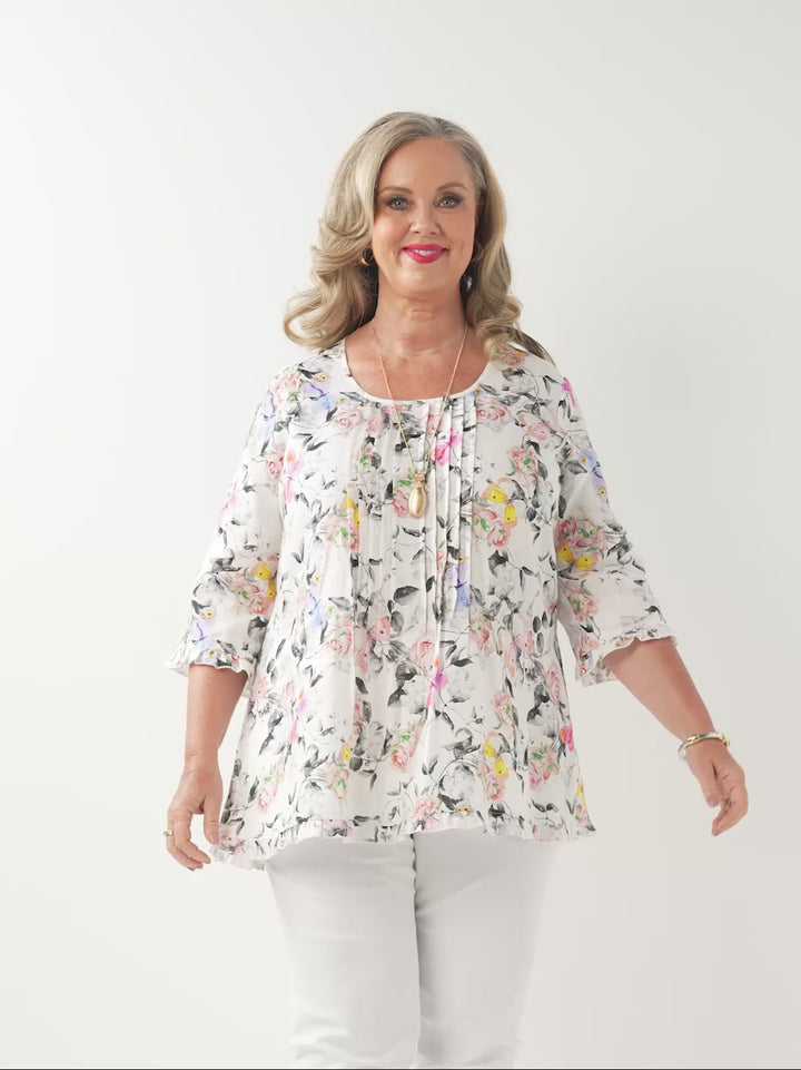 Round Neck Tuck Linen Top - Symphony of Roses