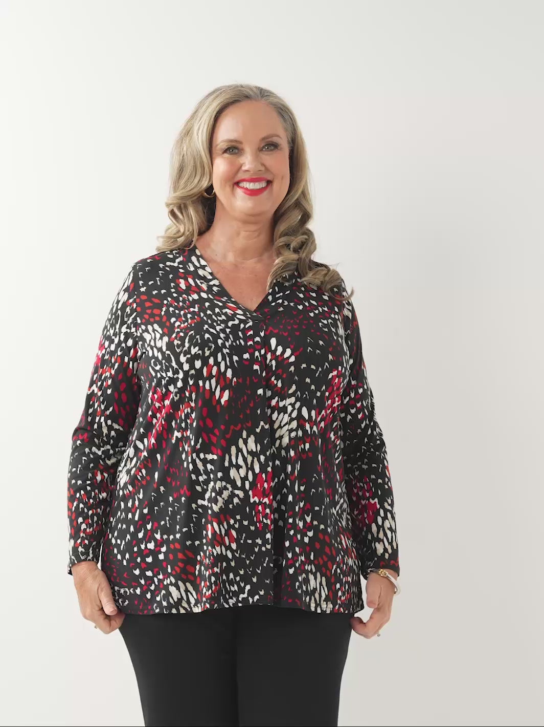 Printed V-Neck Band Top - Red Zesty