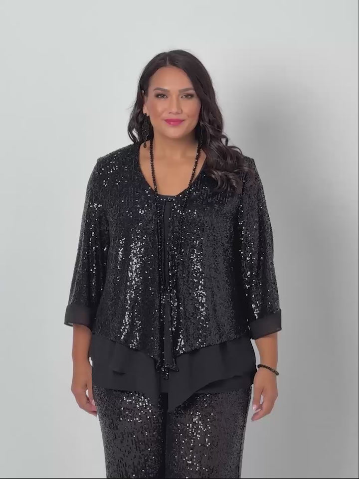 Sequin Sparkle Double Layer Evening Jacket - Black