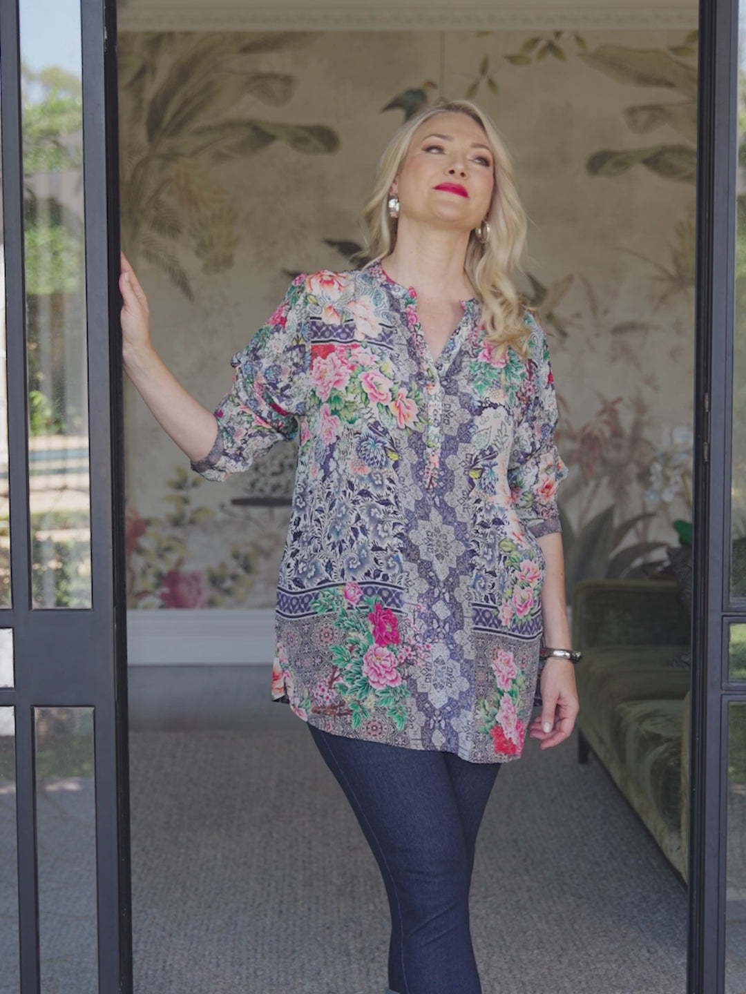 Lydia Print Nehru Collar Silky Shirt - Blue