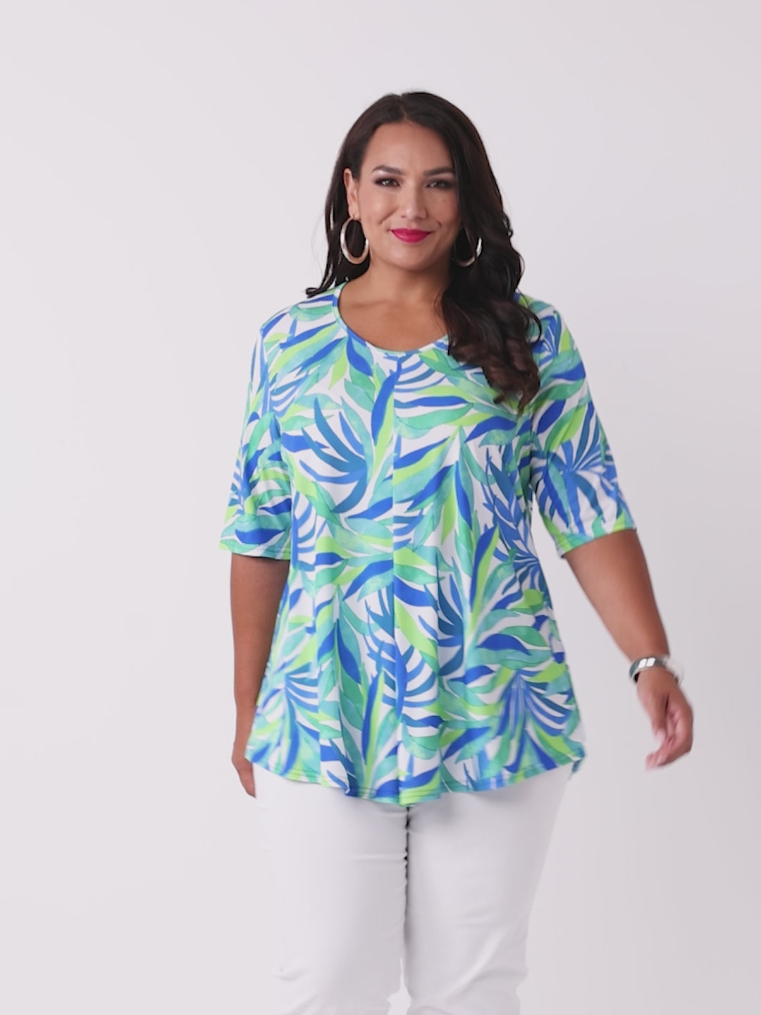 V-Neck Invert Printed Jersey Top - Tropical Leaves