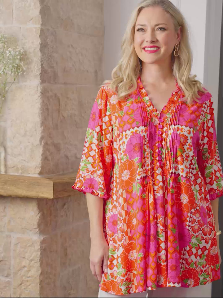 Ruffle Trim Tucked Rayon Top - Retro Floral