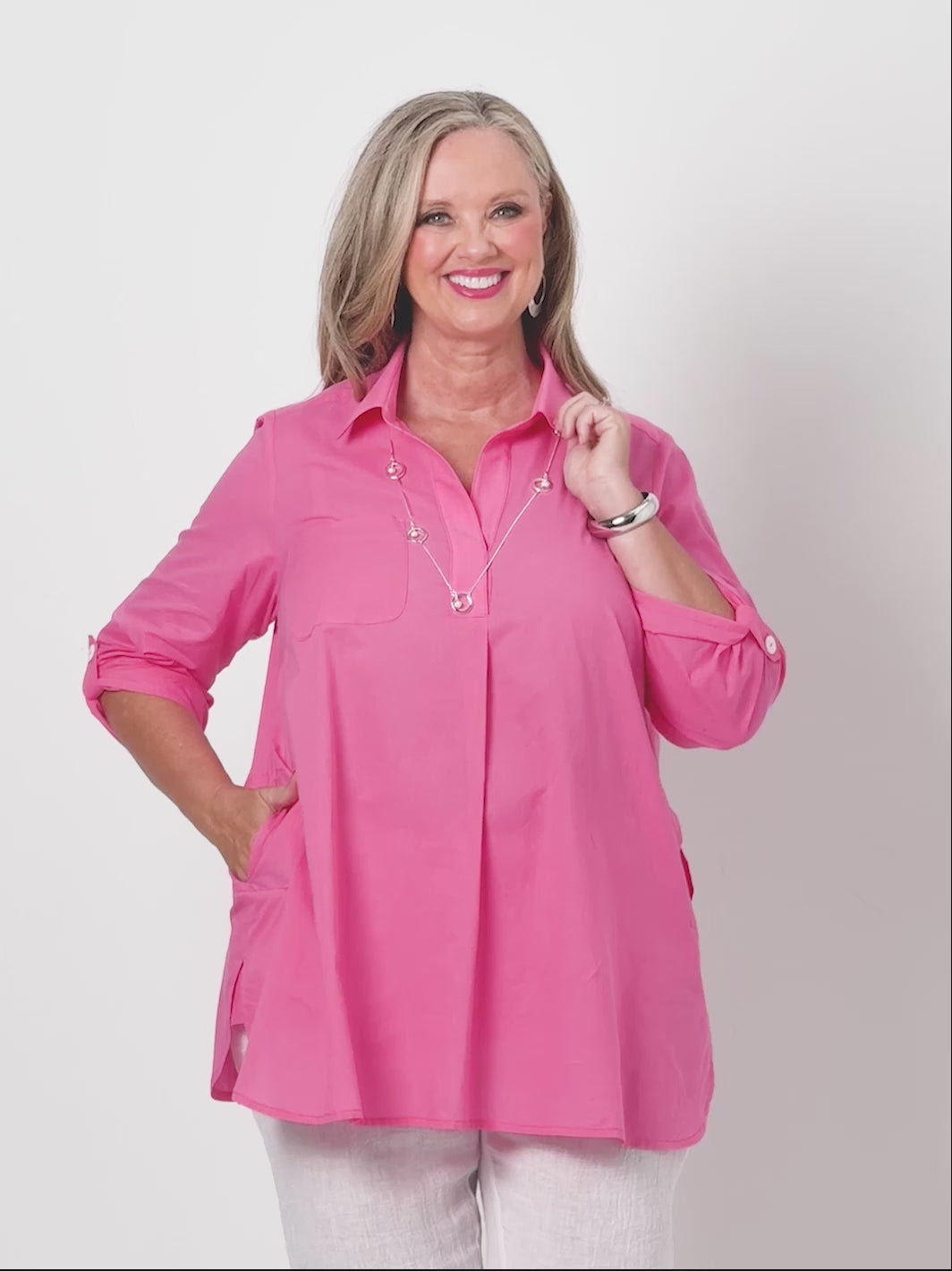Plain Collared Cotton Top - Hot Pink