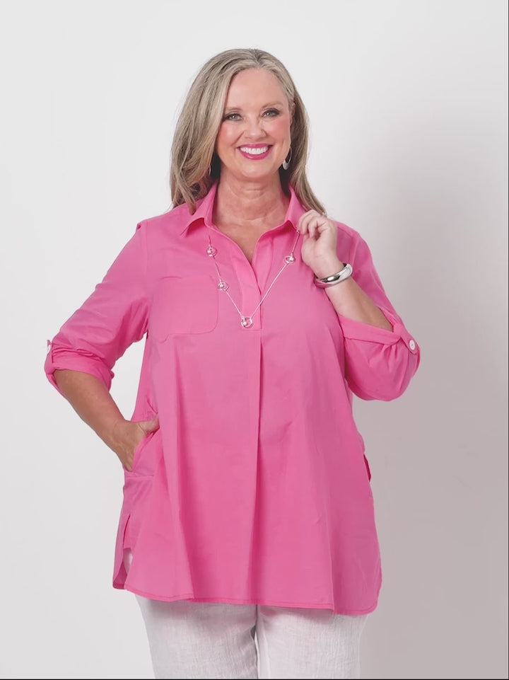 Plain Collared Cotton Top - Hot Pink
