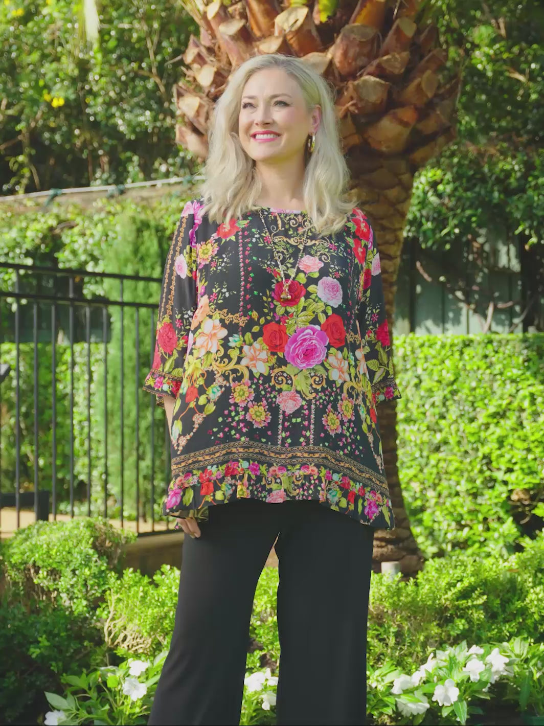 Jo Jo Print Ruffle Trim Silky Top - Black