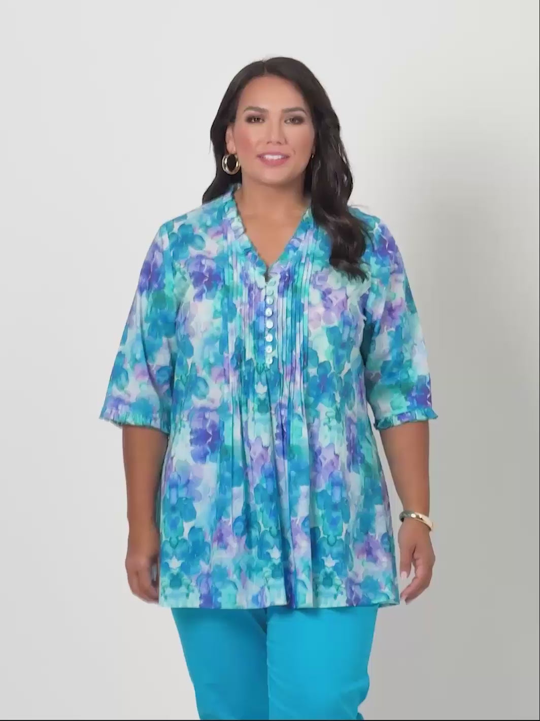 Ruffle Trim Tucked Cotton Top - Blue Waterlilies