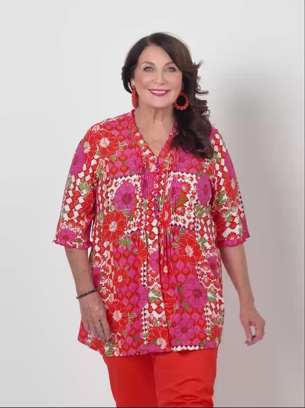 Ruffle Trim Tucked Rayon Top - Retro Floral