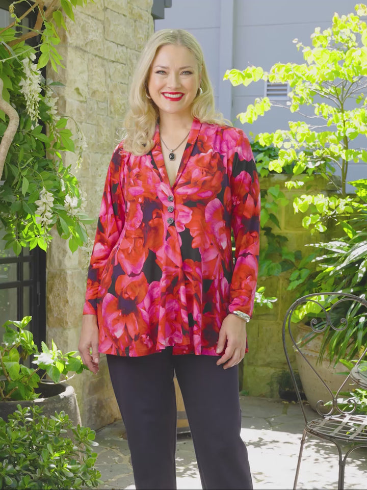 V-Neck 3 Button Swing Jersey Cardigan - Poetic Blossoms