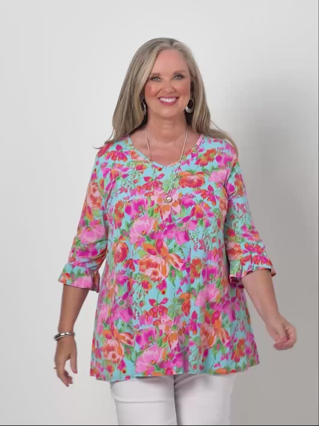 V-Neck Frill Sleeve Swing Jersey Top - Flower Spray