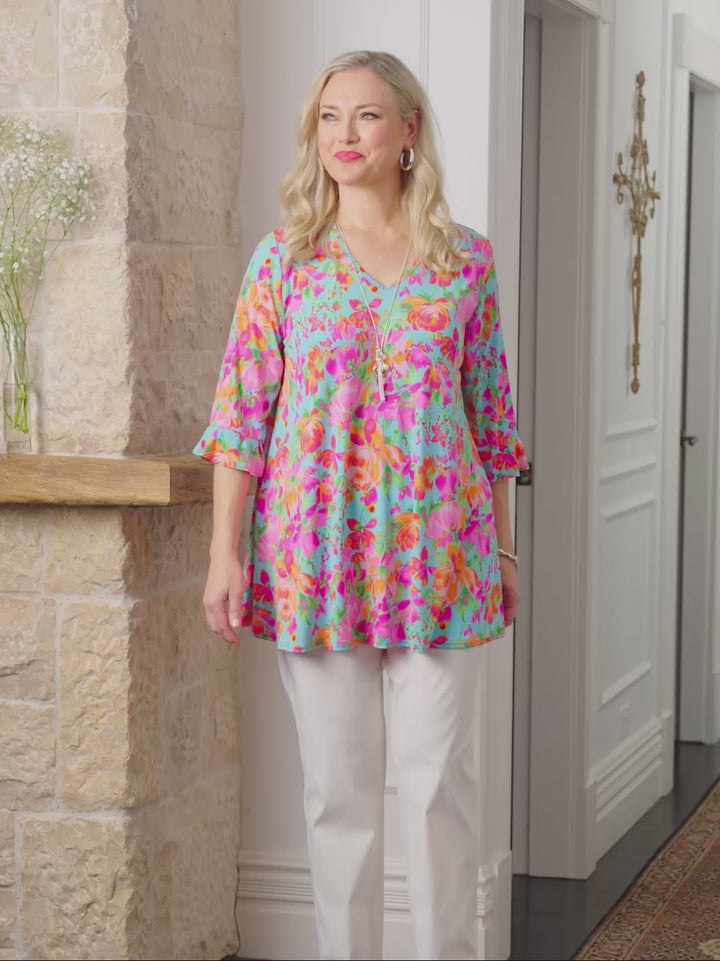 V-Neck Frill Sleeve Swing Jersey Top - Flower Spray