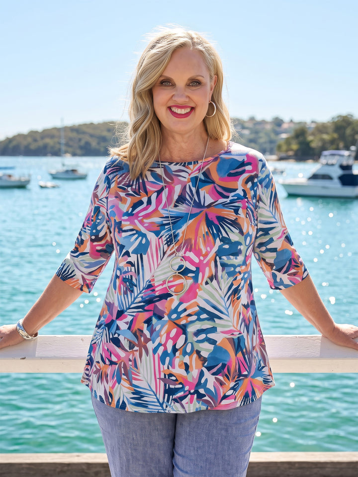Scoop Hem Printed Jersey Top - Tropical Array